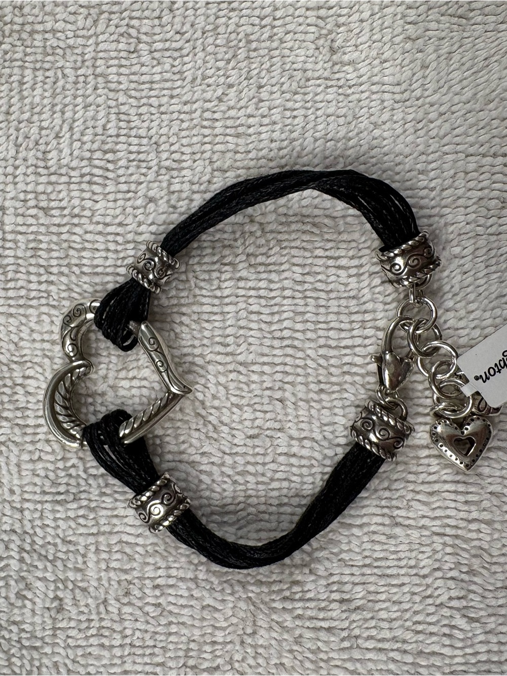 Brighton Heritage Heart Black Cord Silver Heart Toggle Bracelet NWT